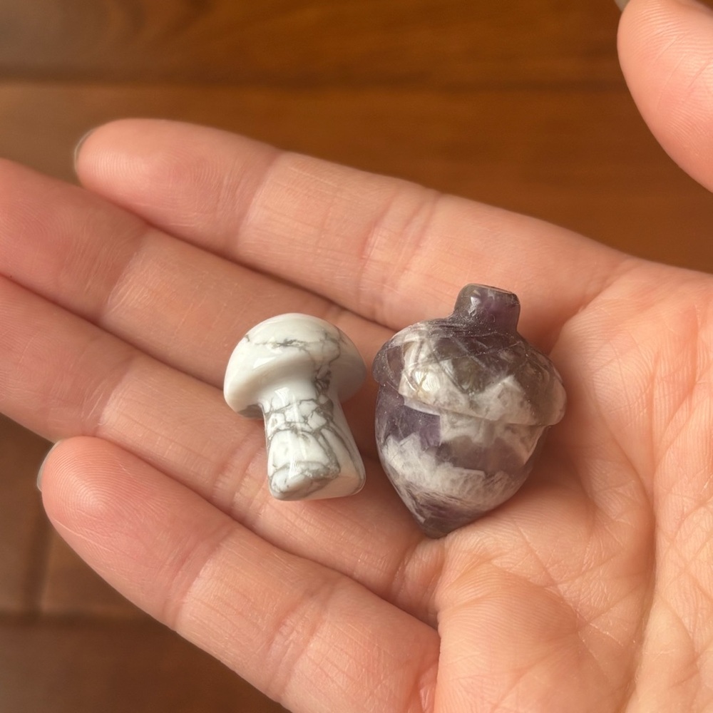 Set of 2 Fall Crystal Carvings 🍁 (Howlite Mushroom & Chevron Amethyst Acorn)